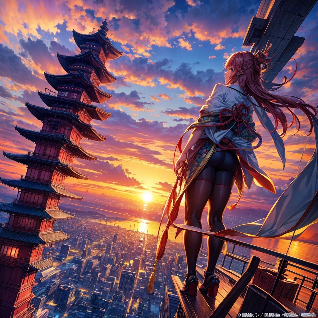 makes an image of a JAPAN ANIME type fantasy city in the middle of the sunset but that looks like a city taken from paradise itself