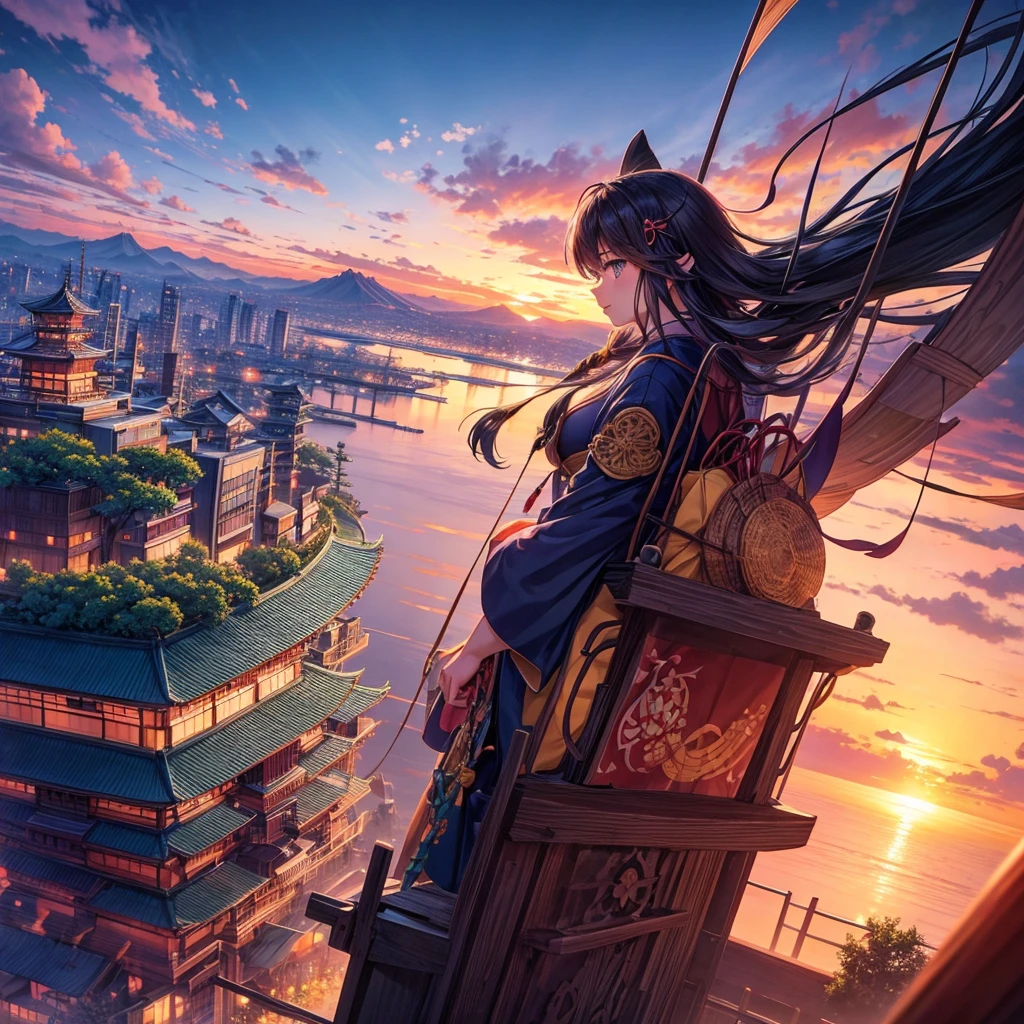 makes an image of a JAPAN ANIME type fantasy city in the middle of the sunset but that looks like a city taken from paradise itself