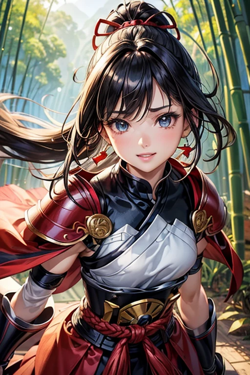 #Basics A girl is posing for a photo, animeのかわいい女の子, (((One Girl, Baby Face, Young girl, ))),
BREAK
#Clothing Accessories
((Red and Black)Japanese Armor : pocket + armor + Shoulder rest + Arm guard + Hakama + Leg guards + Hand guard),
small red earrings,
BREAK
#Features
((Black Hair)), Straight cut hair, Straight Hair, (ponytail : Long Hair + Thin hair tied up + Hair blowing in the wind + Straight hair),
(Droopy eyes, blue eyes), (Small breasts),
BREAK
#background environment
(noon、(Bamboo forest in sunlight)),
#Facial Expression Pose
((Wicked Smile), (Standard standing pose with arms naturally hanging down at sides)),
#composition
((Face the camera, Angle from the front, Cowboy Shot)),
BREAK
#Body parts elements
(Detailed hair, Beautiful Hair, Shiny Hair),
(double eyelid, Long eyelashes),
(Expression of fine eyes, Beautiful and delicate eyes, Sparkling eyes, Eye Reflexes, Glitter Eyeliner),
(Human Ear),
(Beautiful Nose, Thin Nose),
(Glossy lips, Beautiful Lips, Thick lips, Glossy Lips, Natural Cheeks),
(Detailed face, Symmetrical facial features),
(Detailed skin, Textured skin, Beautiful Skin, Shiny skin),
BREAK
#Quality
(((Highest quality)), ((masterpiece)), ((Very detailed))), ((High resolution), (16K,1080P)),
(Realistic), (Anatomically correct),
((comics, anime)), (3DCG), CG illustration,