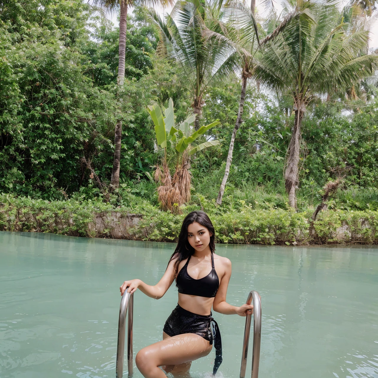 beautiful girl in the pool, wearing two piece