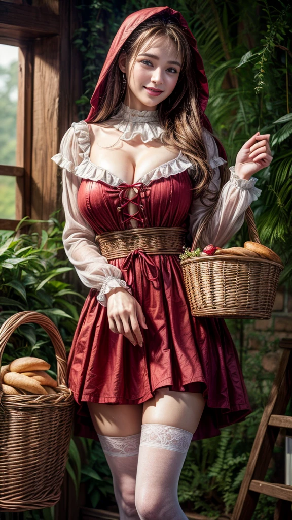 4K, Realistic,Very detailed,((Big Breasts))、18-year-old、((smile))、(Little Red Riding Hood)、(Medieval clothing)、(mini skirt)、Thigh-high stockings、(Carrying a basket of bread and wine)、grassland、((Delicate painting))，(Detailed RAW photos of girls), (Masterpiece:1.25), (Highest quality:1.6), (Ultra-high resolution:1.5), (Realistic:1.75), 8K resolution,:1.6),  Canon EOS R5, 50mm,Very detailedな,Cinema Lighting