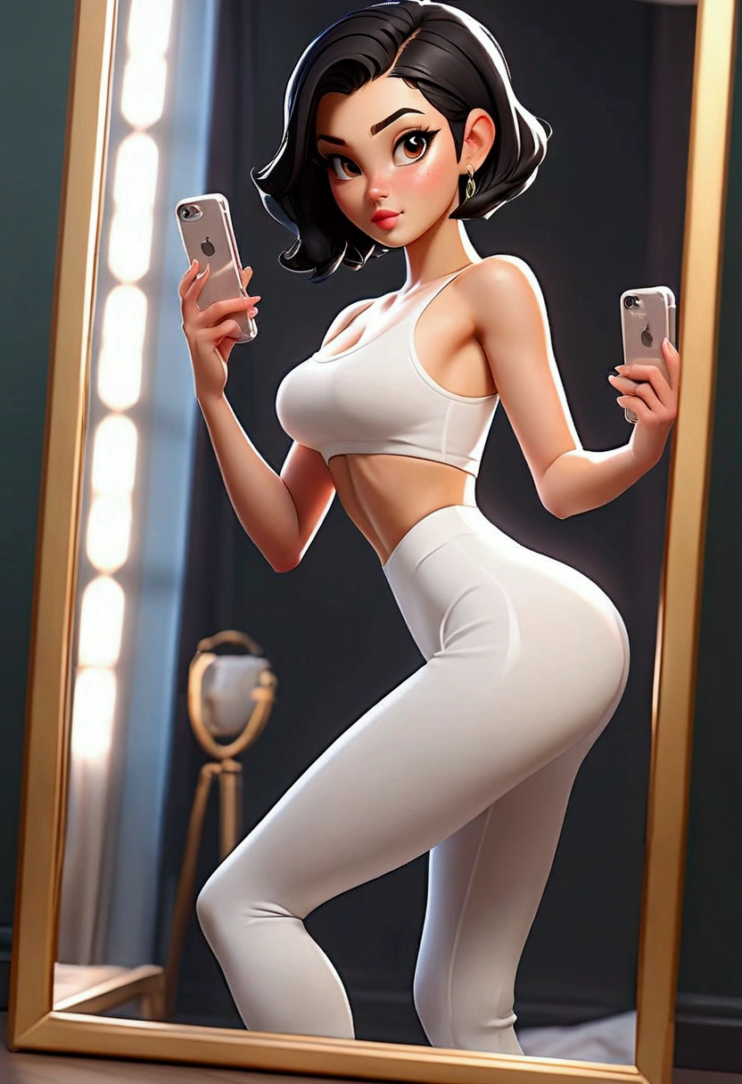 Big ass white girl, big legs, small waist, transparent white leggings, black hair, hourglass figure, sexy curves, slim physique, small stature, short hair, full body mirror selfie