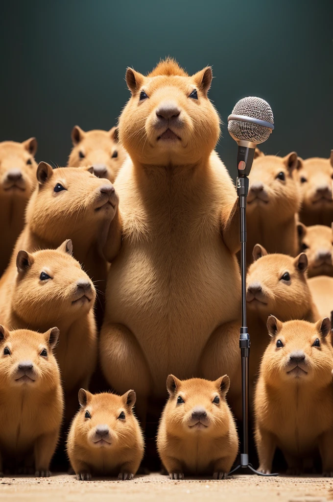 a capybara with a microphone in his hand, surrounded by other capybaras, singing your melody