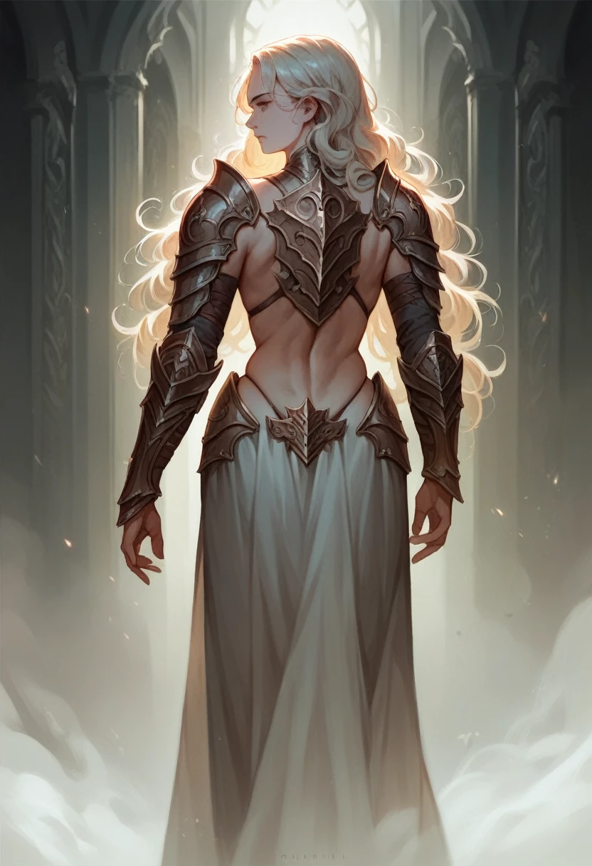 A beautiful anime girl in revealing armor, walking through a dark and ominous valley, backshot view with gstring armor, looking back at the camera, intricate detailed armor, realistic skin textures, flowing hair, dramatic lighting, cinematic composition, dark fantasy atmosphere, moody colors