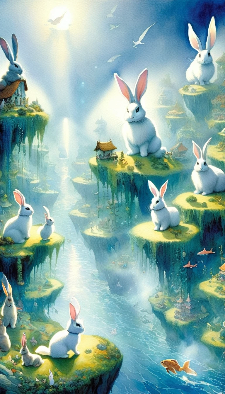 Fantasy world, Villages utilizing giant rabbits, giant rabbits are useful in people's lives, healing, transportation, and entertainment, women with cat-ears, deep fog, cat trees on the sea, cat shadows under the sea, light and darkness,high speed flying, Watercolor:1.3, Delicate, Detail, Masterpiece, (sea-rabbits:1.3)(art inspired in Skottie Young and Bill Sienkiewicz). oil painting)