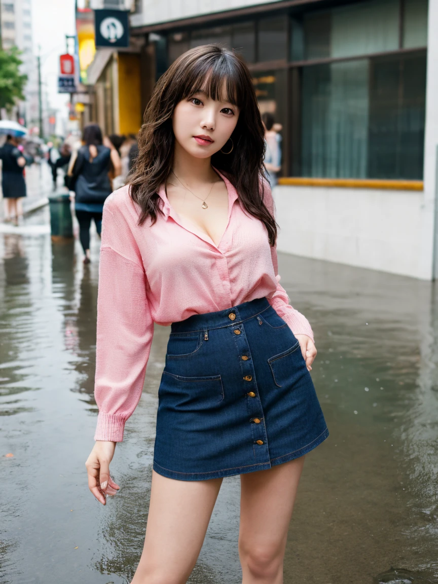 (Highest quality、超High resolution、 Tabletop, Middle-length hair with bangs, Moisturized eyes down to the finest detail, Textured skin, Highest quality, figure, Super detailed, In detail, High resolution, In 8K, wallpaper, Perfect dynamic composition, Beautiful attention to detail, Natural Lip, Medium chest:1.2, Cleavage, Random sexy poses, Pink knit shirt and jeans mini skirt、Rain-soaked street corner
