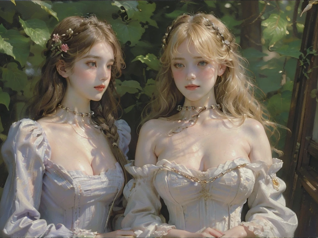 2girls,pov, women, seductive stare, ((((linked collar, collar linked together, collars linked, linked together)))), ((18 yo, detailed face, feminine skin)) , fit , (young) , beautiful , (((pale skin, wavy blonde hair))), dreamy, loving stare, bright magical fairytale fantasy atmosphere, sexy, flowers in hair, surrounded by flowers, happy, playful, ((big soft heavy breasts, busty cleavage, maid, huge tits)), in love, magical mist energy, hair flower, blush, pretty, elegant, cute, youthful, teen, teenager, choker, collar, ((huge hanging boobs)), (((Baroque court dress, fantasy, aesthetic of softness and gentleness and innocence and fertility, ruby necklace)))