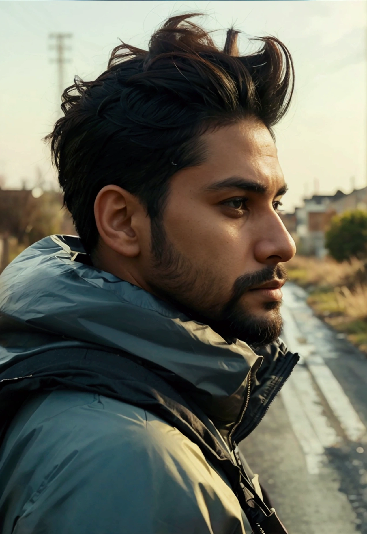 A Latino man in the distance, 28 years old dark, with comb over haircut , for the side and beard black, barba mediana, sheltered with an inflatable jacket, with jeans, on your back walking to the horizon, the scene at a distance well away from the camera focus , a scene in the middle of the road. wide angle camera scene, contemplative scene, full body shot, sun and daylight, movie perspective, High Definition, photorealistic