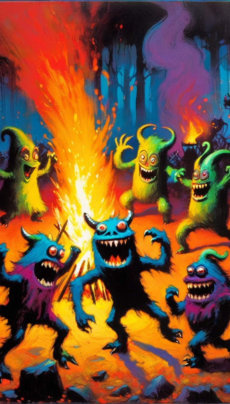 several funny monsters dance around a bonfire,(art inspired in Bill Sienkiewicz). oil painting) 