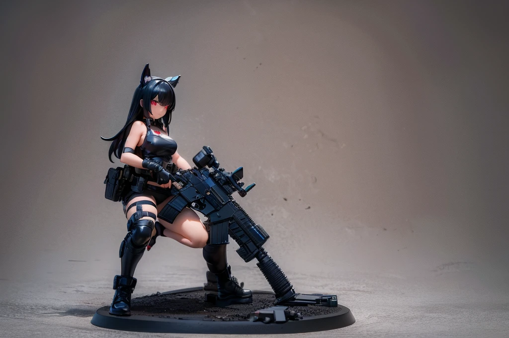 poseable articulated anime girl figure wearing a full-body heavy tactical black suit adorned with various accessories and military equipment, with red eyes and loose straight black hair. He is holding a tactical assault rifle in his hands., in a ready to attack pose. It has a destroyed city in the background.