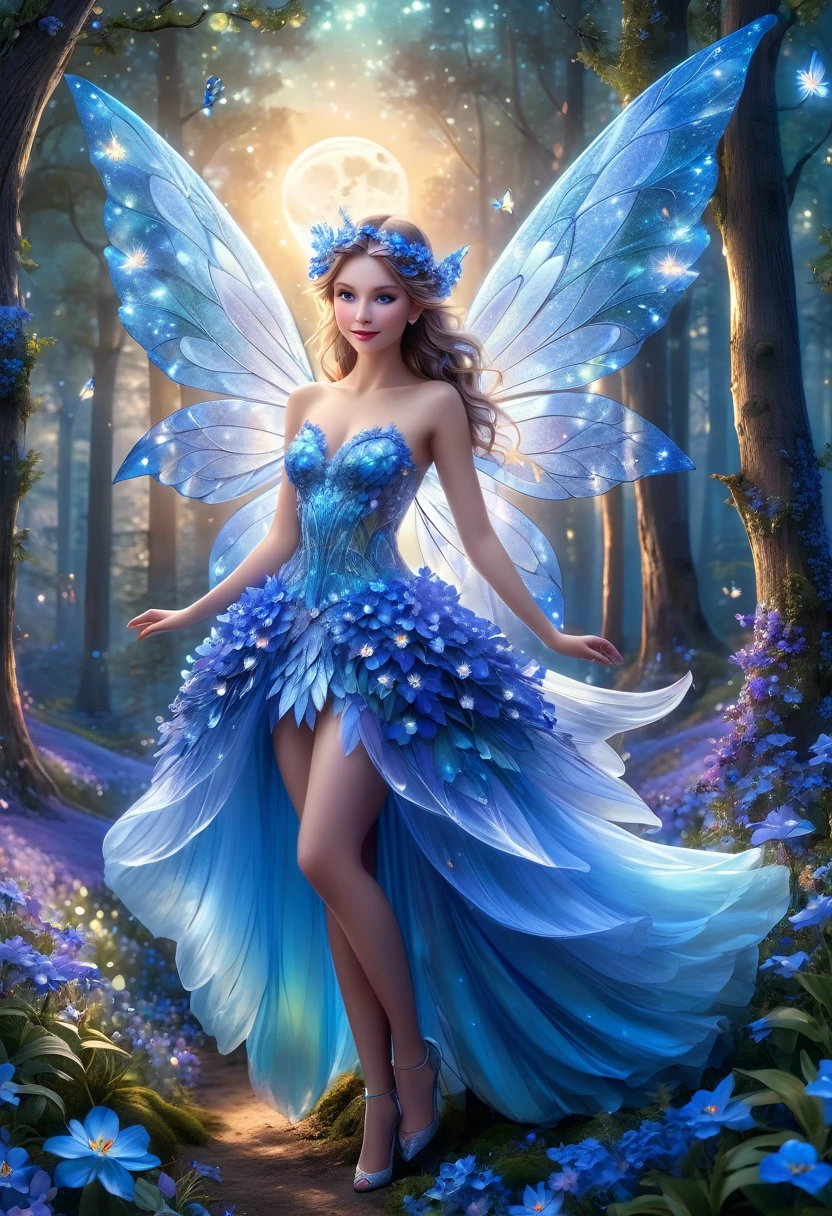 A beautiful fairy made of blue flowers, clear eyes, ((transparent and iridescent wings)), highly detailed, in a perfect half-length, realistic, realistic, in an enchanted forest, colorful flowers, at dusk, a big moon shines through the trees, splashes of lights in the air, highly detailed, half-length, dynamic, cinematic, masterpiece, intricate, hdr, abstract fractal, romantic atmosphere. 8k.