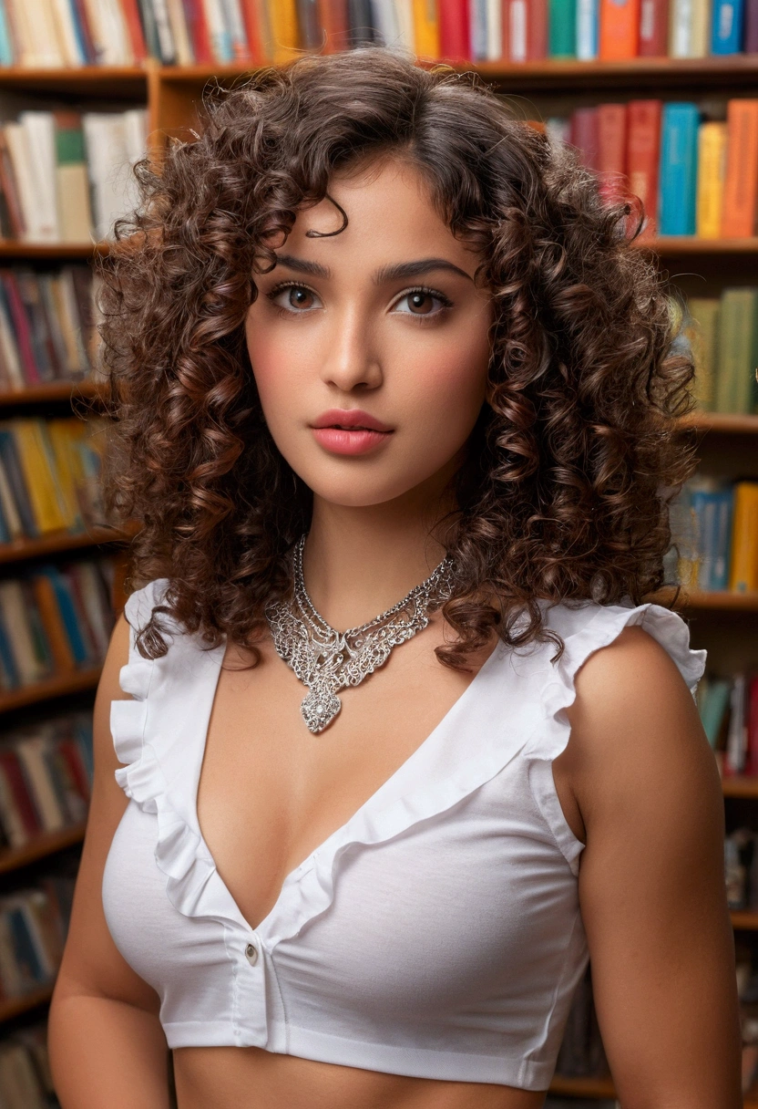 (((beautiful beautiful Isabela Merced, posing for photoshots, looking sexy, ruffled lips, Cabelo curto e curly, extremely beautiful eyes))), ((wearing floral silver necklace)), realistic photoshotgraph, highy detailed, Spitz focus, (Main lighting), (indoor bookstore environment), work of art, extremely beautiful, Perfect beauty, (perfect shape body, Broad Hips, small waist, thick-thighs, firm abs, Body cute, knees, kneecaps, focus on the knees, breasts small), ((30 years old)), (extremely detaild 8k wallpaper), ((face detailed)), (((wearing white shirt, saia curta de tweed, kneecaps, knees, nylons with a seam, Strad sandals)), (long dark eyelashes), (((aretes))), ((())), (((seen from behind))), (looking at the camera), (glamor model), (seductive facial expression) (((standing between tall shelves full of books))), extremely detaild, work of art, details Intricate, highy detailed, Spitz focus, skin detailed, realistic skin texture, texture, detailedeyes, high resolution, kodak vision color, photoshot_\(ultra\), Post-processing, maximum detail, roughness, real-life, ultra realistic, photoshotrealism, photoshotgraphy, absurderes, RAW photoshot, highest quallity, high detail RAW color photoshot, professional photoshot, extremely detaild UHD 8k wallpaper unit, best qualityer, high resolution, (work of art, maximum quality, high resolution:1.4), photoshot, cinematic, Film grain, Spitz, soft natural light, magic photoshotgraphy, super verbose