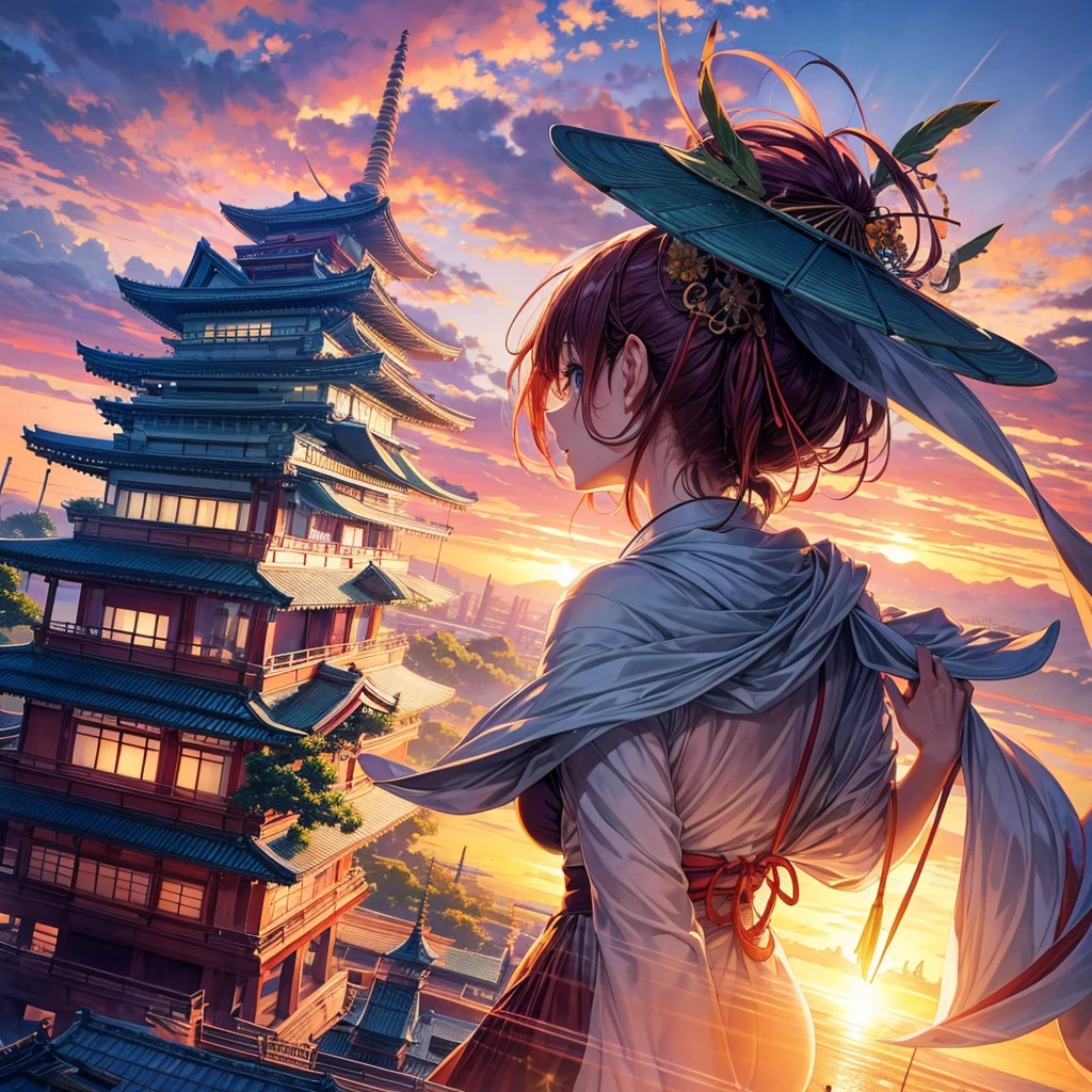 makes an image of a JAPAN ANIME type fantasy city in the middle of the sunset but that looks like a city taken from paradise itself