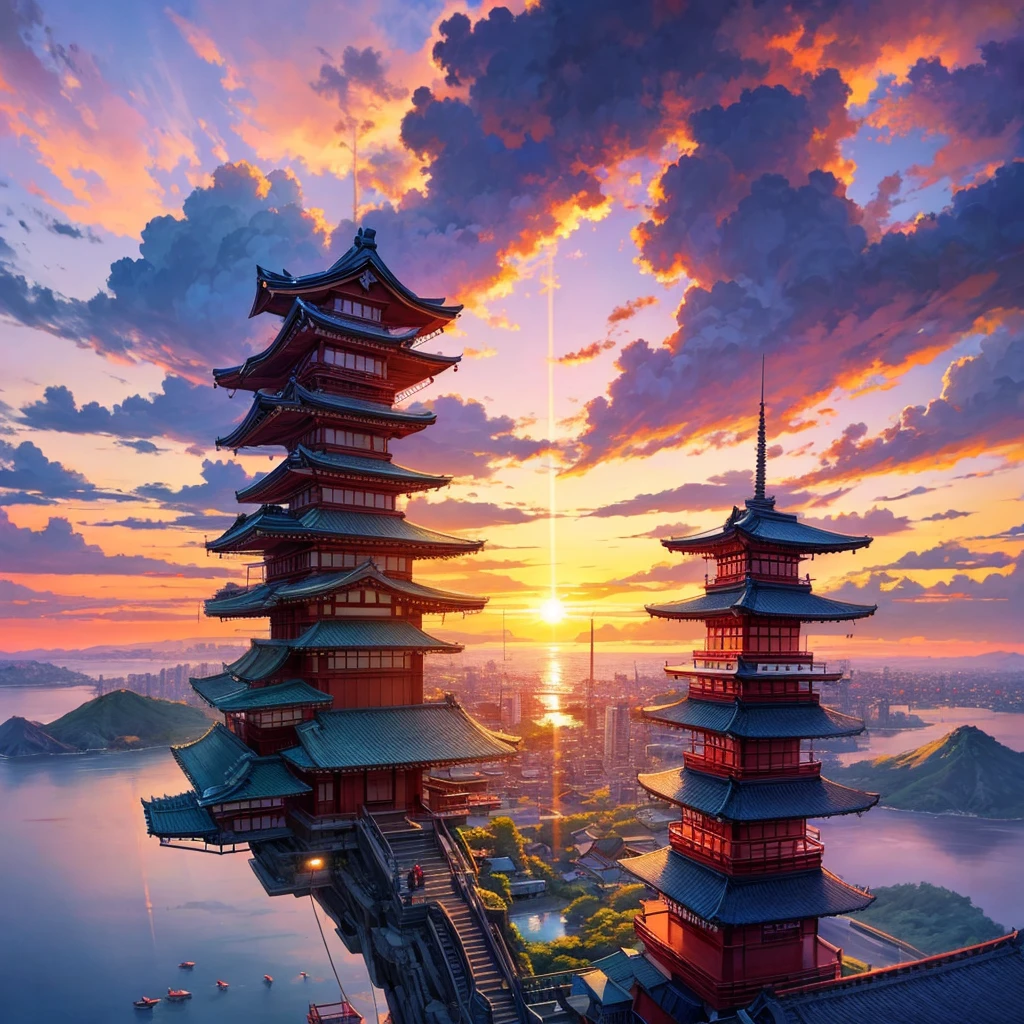 makes an image of a JAPAN ANIME type fantasy city in the middle of the sunset but that looks like a city taken from paradise itself