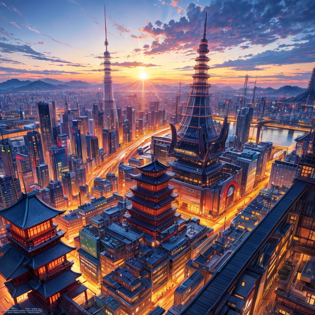 makes an image of a JAPAN ANIME type fantasy city in the middle of the sunset but that looks like a city taken from paradise itself
