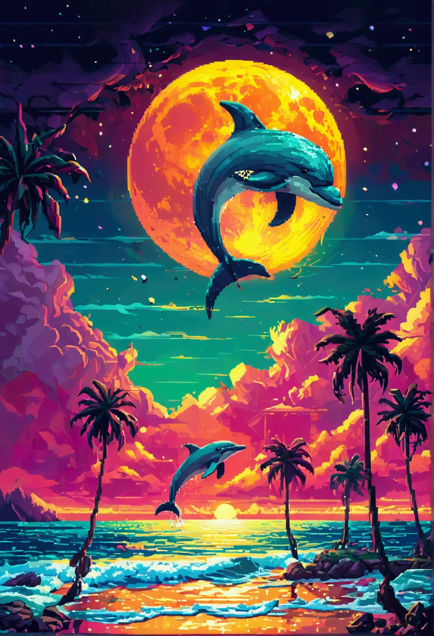 Giant moon pixel art, rising in a calm sea, beautiful detailed pixel graphics, detailed pixel graphics, lo-fi retro video game, concept pixelart, detailed pixel graphicswork, Pixel Art Style, pixel town, pixel art animation, high quality pixel graphics, Dolphins jump from the sea, Super detailed color low poly art, #pixelart:3, # pixelart, #pixelart