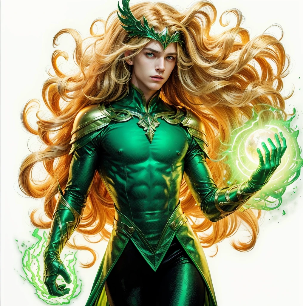 American classic comics art: Enchantress young boy, very young man ethereal delicate, long bright yellow blond hair with beautiful waves, green helmet tiara on his forehead, strong-green sleeveless enchanting wizard outfit delicate, long gloves, covered neck, emerald-green fire magic energy sphere, very young face man, green eyes, tight dark green leggings, The Enchantress Marvel outfit man, classic medieval enchanting man, comic book