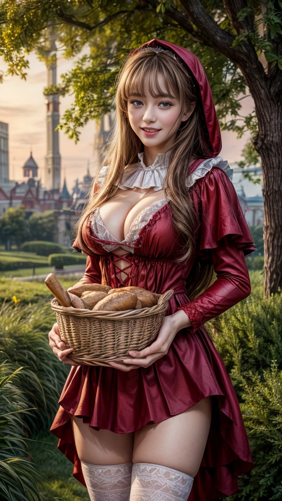 4K, Realistic,Very detailed,((Big Breasts))、18-year-old、((smile))、(Little Red Riding Hood)、(Medieval clothing)、(mini skirt)、Thigh-high stockings、(Carrying a basket of bread and wine)、grassland、((Delicate painting)),(Detailed RAW photos of girls), (Masterpiece:1.25), (Highest quality:1.6), (Ultra-high resolution:1.5), (Realistic:1.75), 8K resolution,:1.6), Canon EOS R5, 50mm,Very detailedな,Cinema Lighting