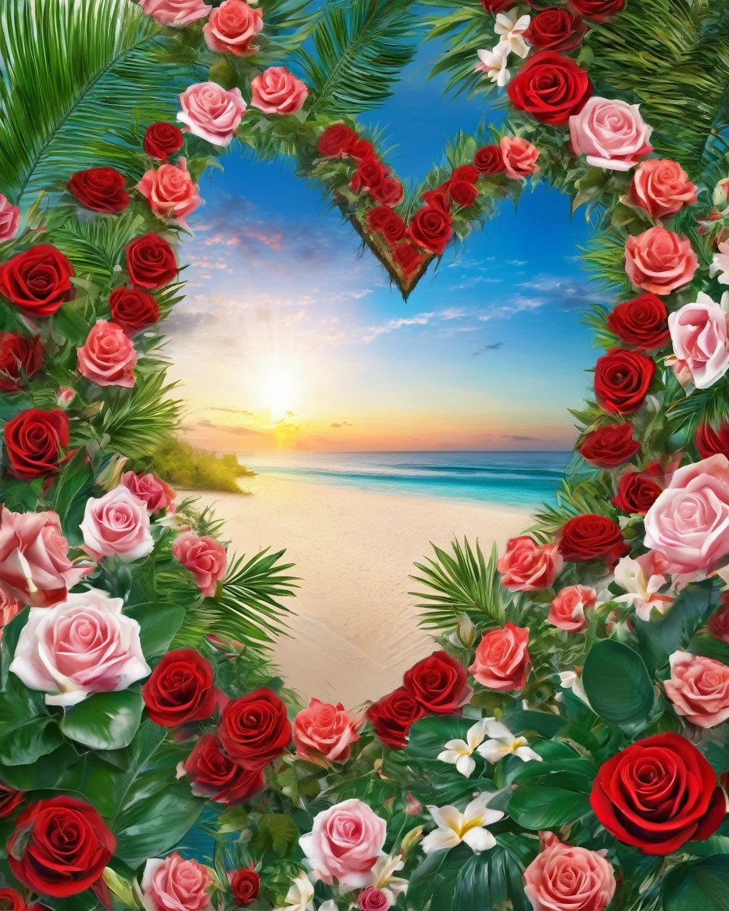 Imagine a tropical paradise, with a beach of fine white sand, surrounded by lush and colorful vegetation.  The sea is a crystal clear blue, and the sky is painted in the colors of the sunset.  In the center of the image, there is a heart formed by 27 red roses, each one representing a year of love and dedication between you and your eternal wife.  I hope this image is a reminder of your lasting love and that you two can celebrate this day in style.  Hugs!  🌴🌅💕