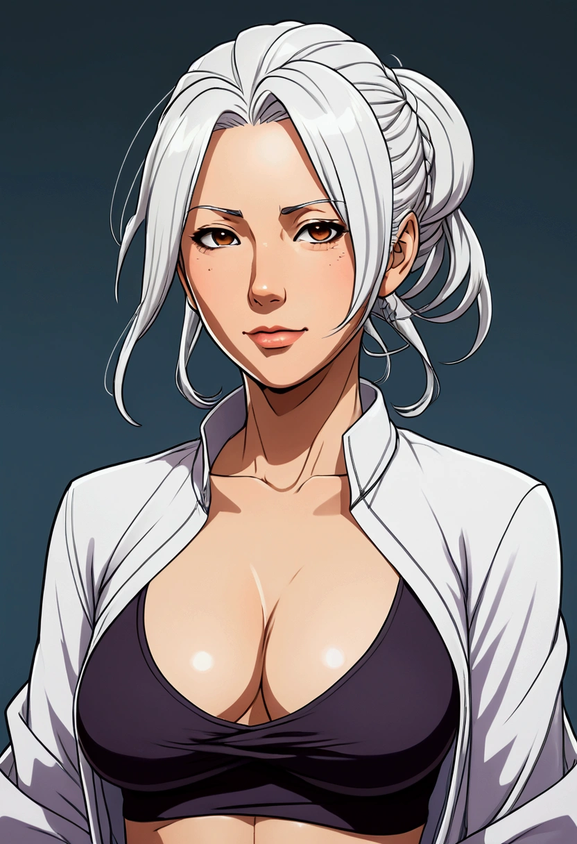 A 40 year old woman, an older body with medium breasts and wide hips, a few strands of white hair, some wrinkles on the face, wearing tight clothing. anime drawing.