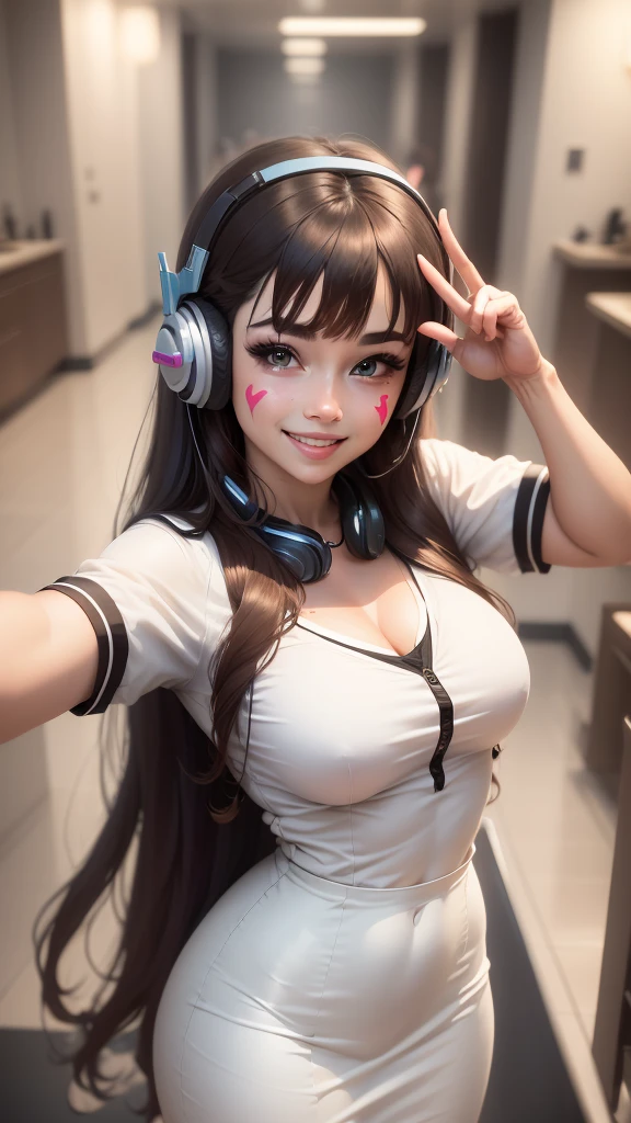 D.Va, facial mark, whisker markings, brown eyes, long brown hair, pilot suit, headphones, thick white short dress, white gloves, looking at viewer, smiling, happy, teeth, close up selfie, peace sign, from_above, hotel bathroom, high quality, masterpiece