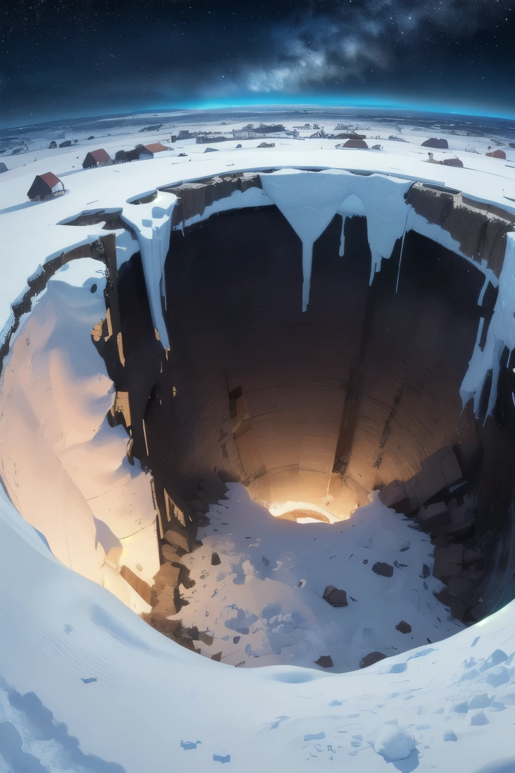((best quality)), ((masterpiece)), (detailed), A top view illustration of a large hole in the middle of the snow with night and destruction in the background