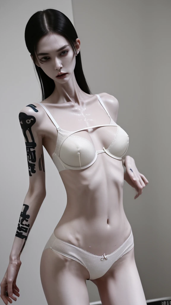 a woman, very thin body, body visible bones, very slender, sweaty weat bosy ,pale white skin, panties, bra,tatto, has a mental breakdown in an underground prison