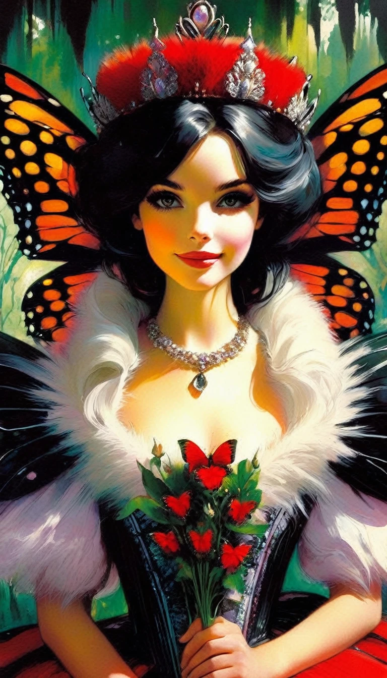 ,butterfly wings, (black wings:1.3), 1girl, solo, Alice, queen,(crown:1.4), gorgeous, empress, holding arms, flowers, leaf, forest, full body, smiling, alice in wonderland, ♠️,♣️,♦️,♥️, precious, red gown, fur trim, masterpiece, best quality, ultra detailed, ,(art inspired in Bill Sienkiewicz). oil painting)