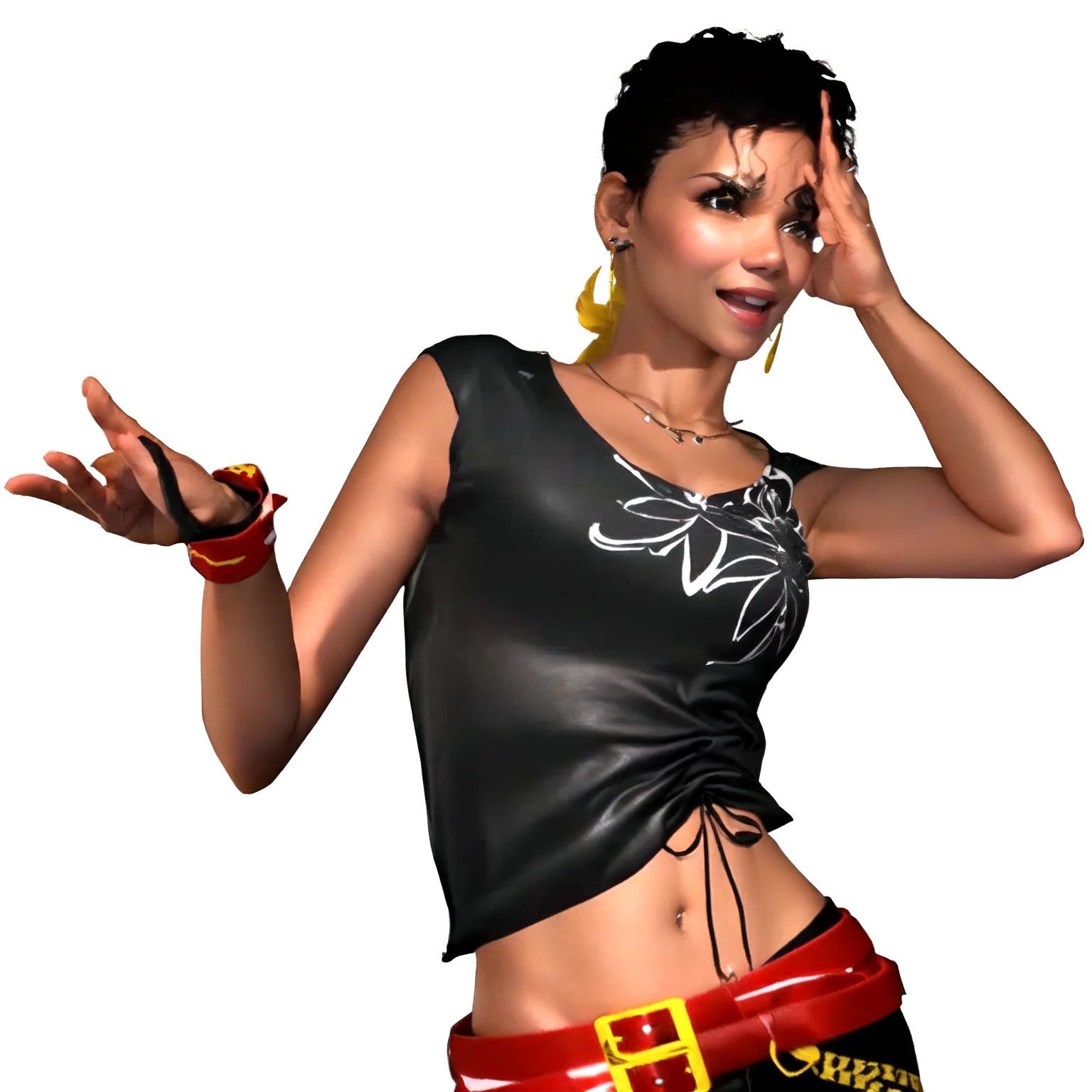 she's black, black hair, dark brown eyes, (eyes turned to look at the camera), swedish, as a character in Out Run 2, of SEGA, 3D CG from the 2000s, Holly, 2k, 2 k, ((smiling face)), realistic, render of halle berry, fighting game character, nina from tekken, bright clean face, from devil may cry, wide open curious eyes, carefree pose, black leather shirt with black and white flower art on it, simple golden necklace and earrings, right hand open in front of her as to say "how is this possible?", left hand inher hair like a facepalm, red belt, red wristband, embarassed expression, open mouth as to say "oh,god!"