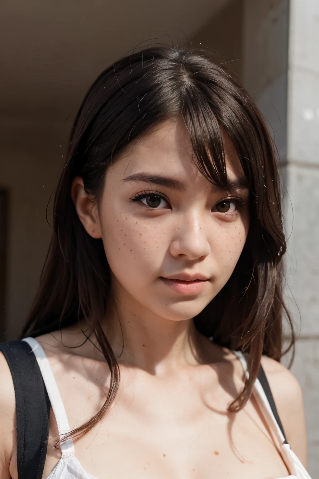 Black long hair,Bangs,Brown eyes,Very pretty face,High-resolution images,Freckles on nose,Nasal folds,Realism,Chinese mixed race