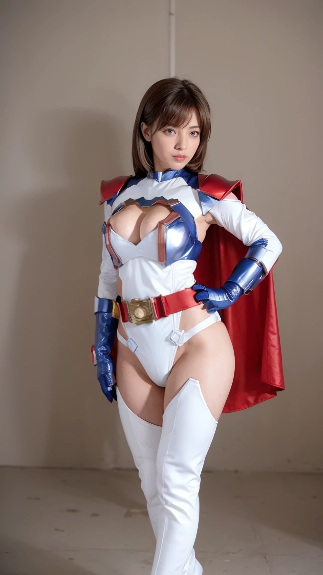 A woman wearing a Power Girl-style Kamen Rider Majed costume、26 years old、Beautiful bare legs、Brown Hair、Outside Honey Medium Bob Hair、High resolution、8K、A dull smile、erotic、Beautiful legs、white micro bikini armor、Metal shoulder armor、Blue metal boots、Red Cape、Blue gloves、Thong、Wedge Shape、mansuji、 Cinematic Goddess Body Shot,Unreal Engine Characters、Standing posture、Transformation Belt Alchemist Driver
