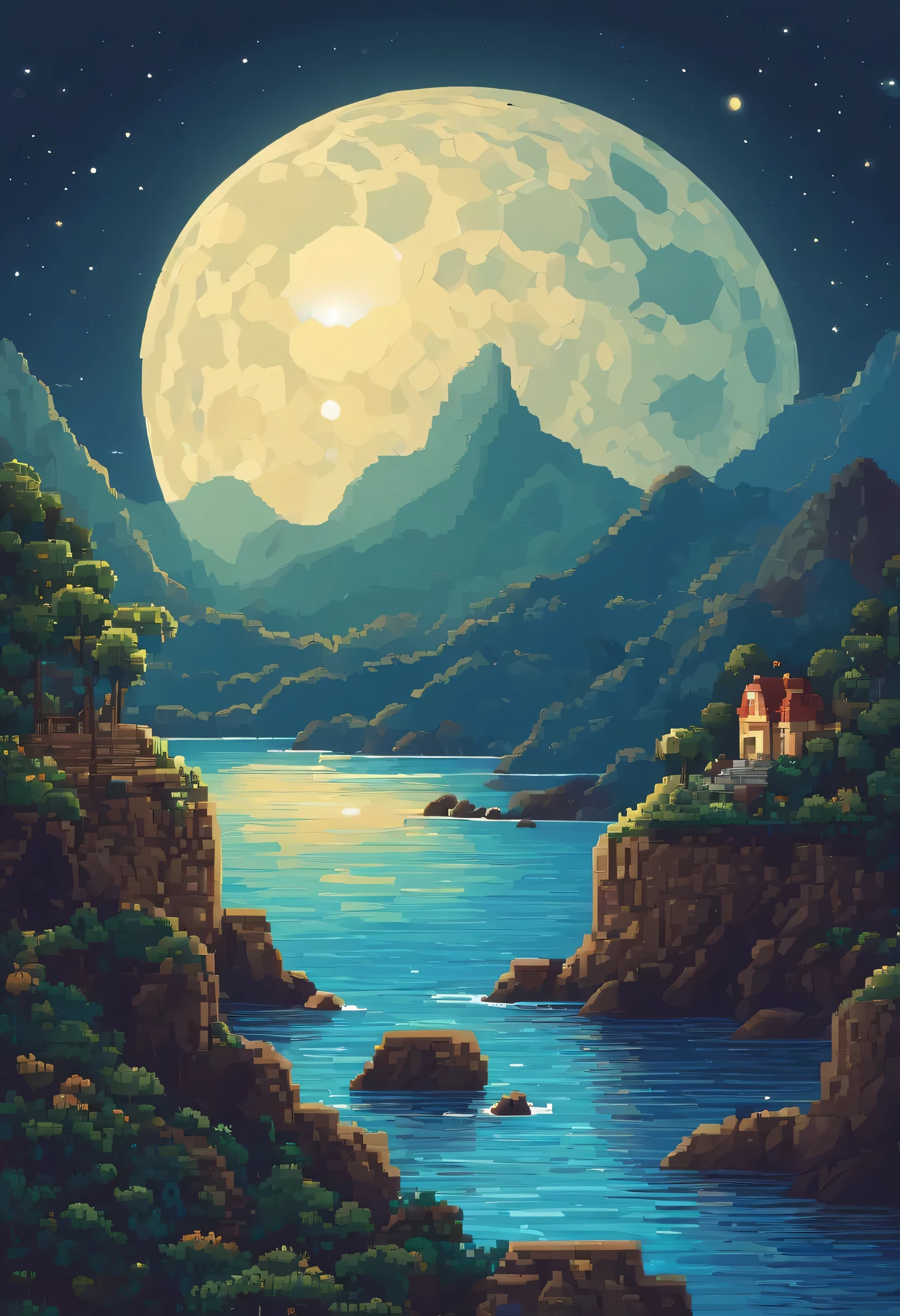 Pixel image of a huge moon, rising above the calm sea, красивая detailed pixel graphics, Detailed pixel art, lo-fi retro video game, PixelArt Concept, detailed pixel graphics, pixelart style, Pixel city, Pixel animation, high quality pixel graphics, Dolphins jump from the surface of the sea, Super detailed color low poly art, #pixelart:3, # pixelart, #pixelart