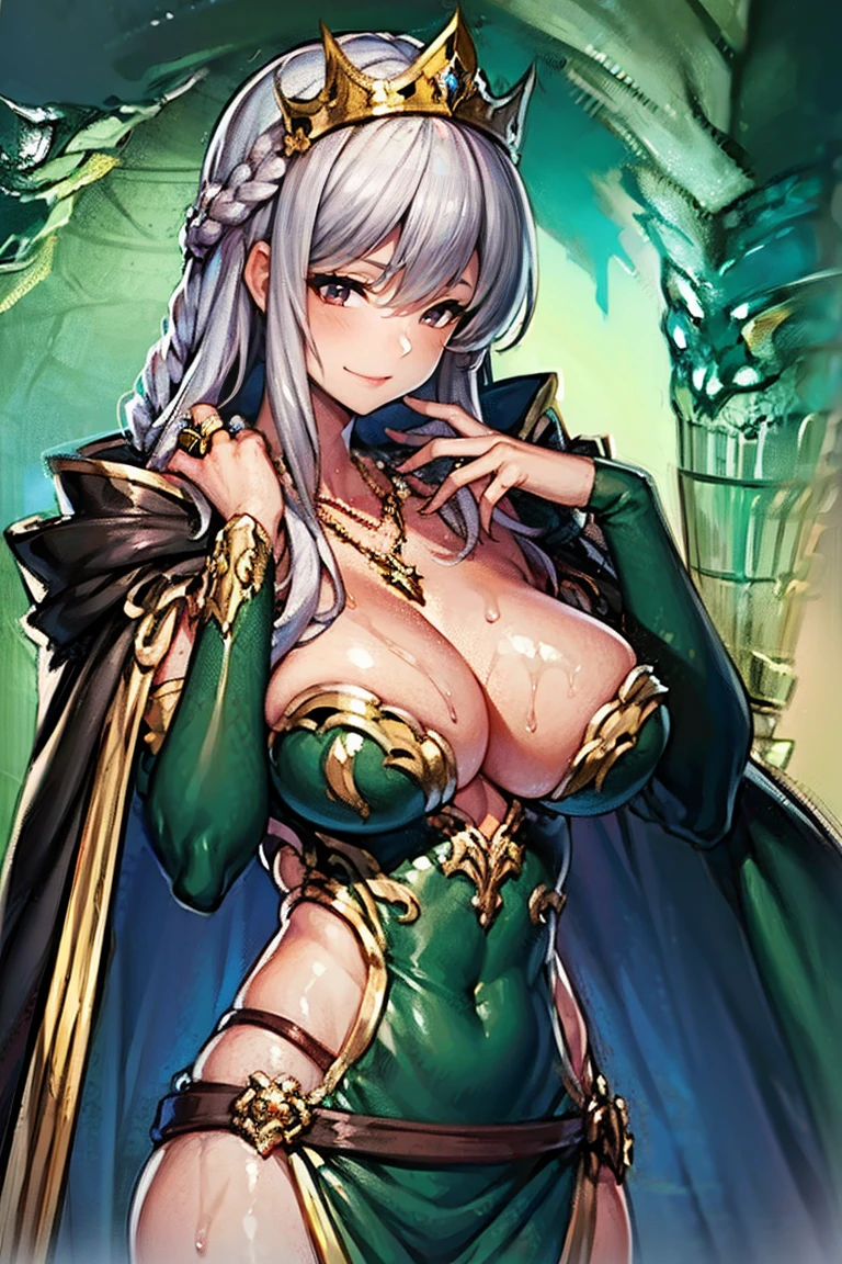 (masterpiece, best quality:1.2), 1girl, solo, tiara, silver hair, red eyes, cleavage, (30 years old) , woman, long hair, beautiful, masterwork, ultra high res, ultra detailed, super fine illustration, cg unity 8k wallpaper, perfect eyes, ultra detailed beautiful face, perfect hands, adult, black cape, gleaming skin, oil skin, shiny skin, sweat, jewelry,necklace, long sleeves,ring, ,covered_navel,cloak, lips, dress, cowboy shot, crown braid,