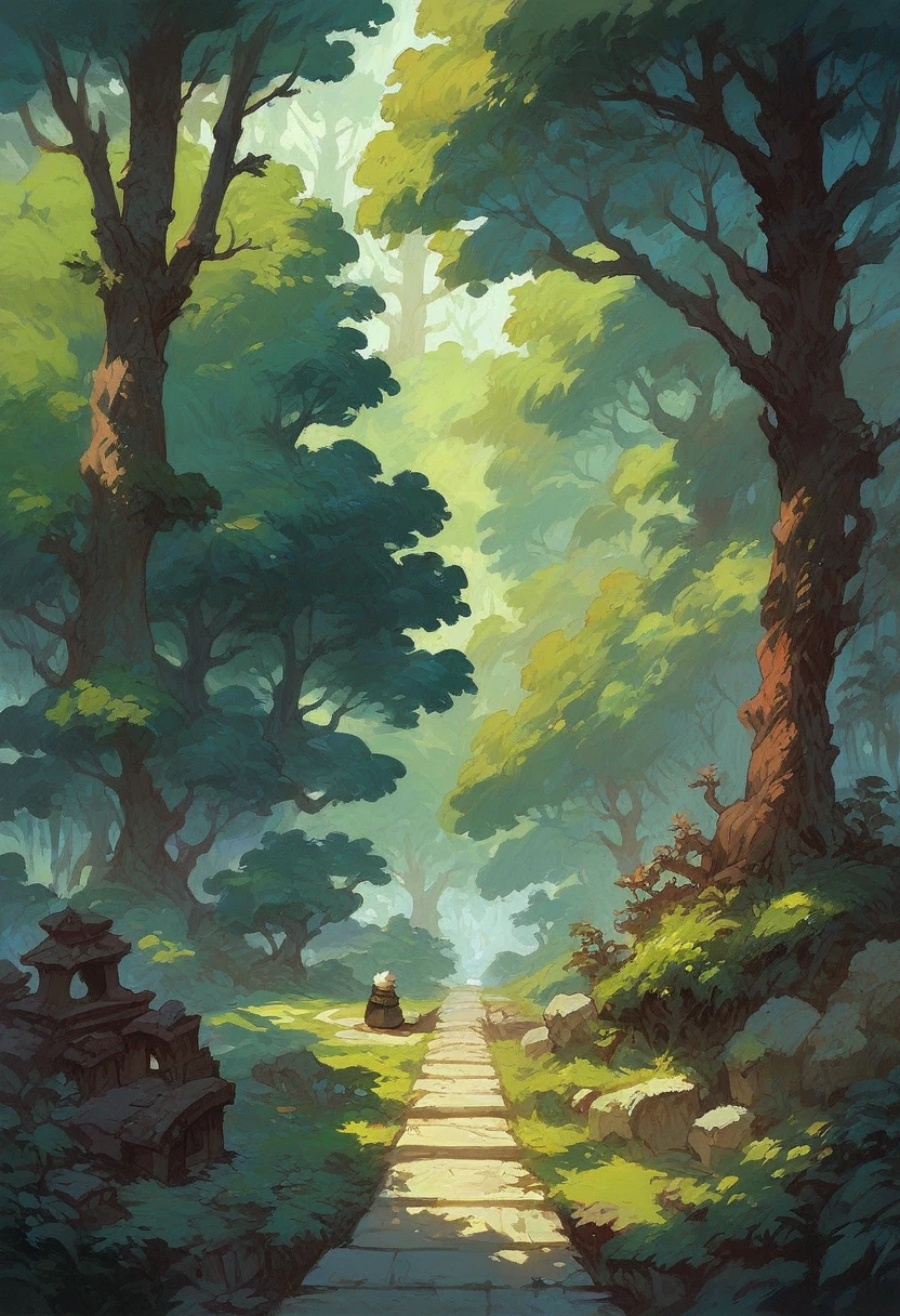 a little panda bear, affectionate, wearing peasant clothes, in an enchanted forest with giant bonsai-style trees, on a stone path