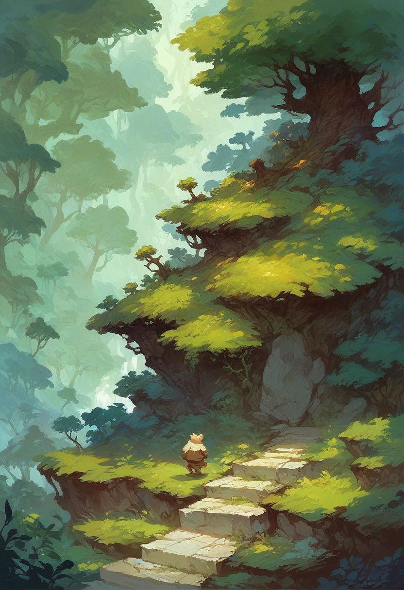 a little panda bear, affectionate, wearing peasant clothes, in an enchanted forest with giant bonsai-style trees, on a stone path