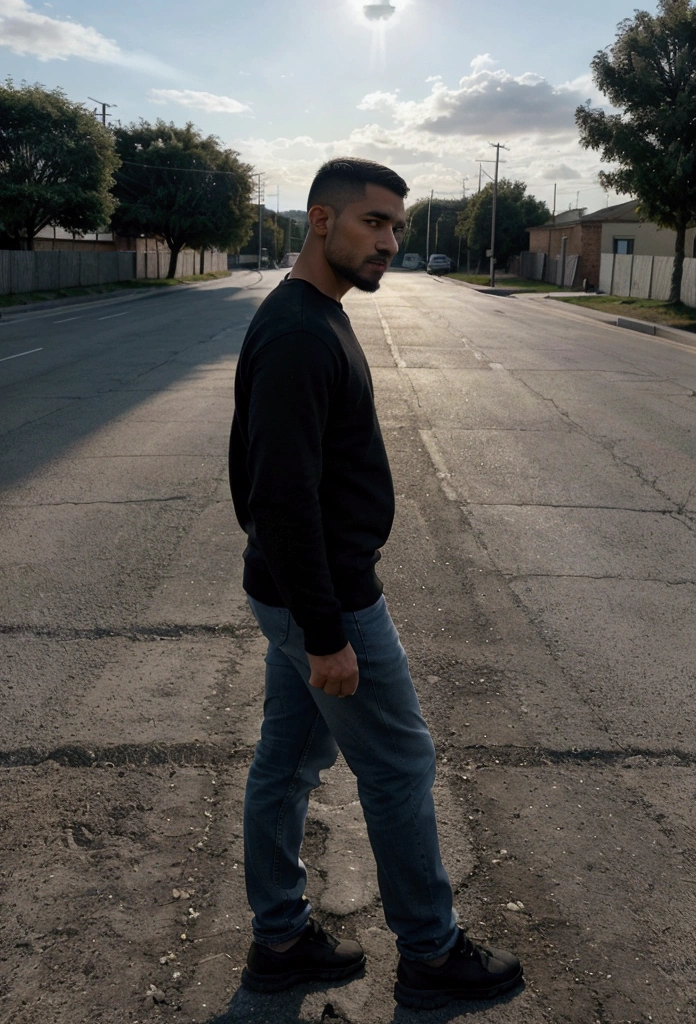 a latin man, 28 years old dark, without so much front, with comb over haircut , for the side and beard black, barba mediana, sheltered with gray sweatshirt, with jeans, standing in profile he looks at the horizon and thinks about his entire life, the scene at a distance well away from the camera focus , a scene in the middle of a road street and on the side field and plain. wide angle camera scene, contemplative scene, full body shot, sun and daylight, movie perspective, High Definition, photorealistic