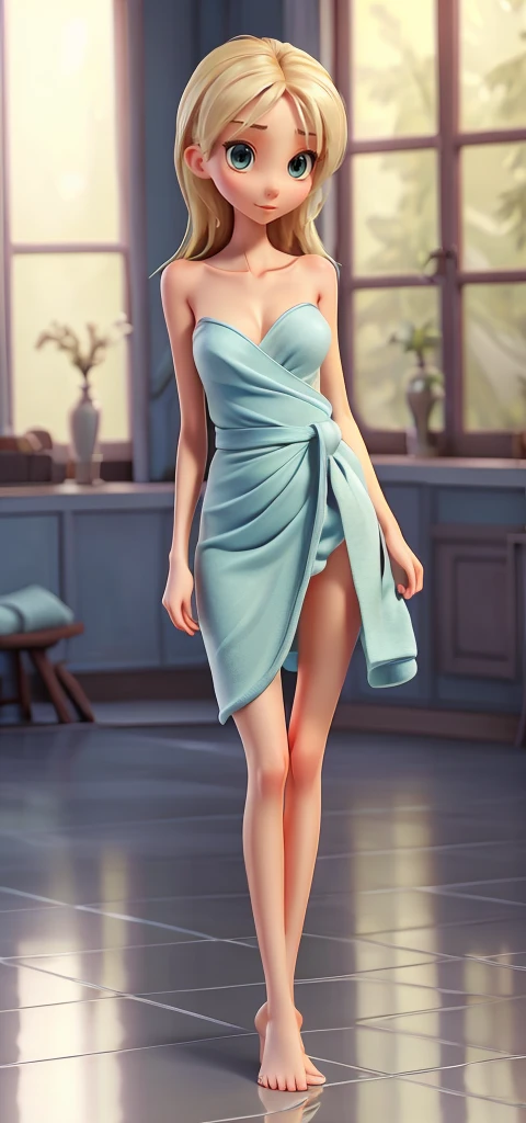 A very beautiful skinny girl wraped in towel very thin arms ,huge pointy round breasts, very thin long skinny legs and very thin waist show full body from head to foot) sexy pose (detailed ) (masterpiece) (facial features) beutiful face wet