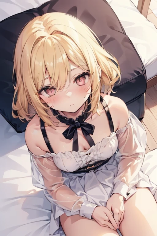 (Looking Down from Above:1.8), (upturned eyes :1.5), Blonde gal,(blush, Perfect Face), Looking into the camera, Anime art style, Cute Characters, Most detailed, high quality,There are highlights on the eyes,The whole body is visible,Sit on the bed,underwear