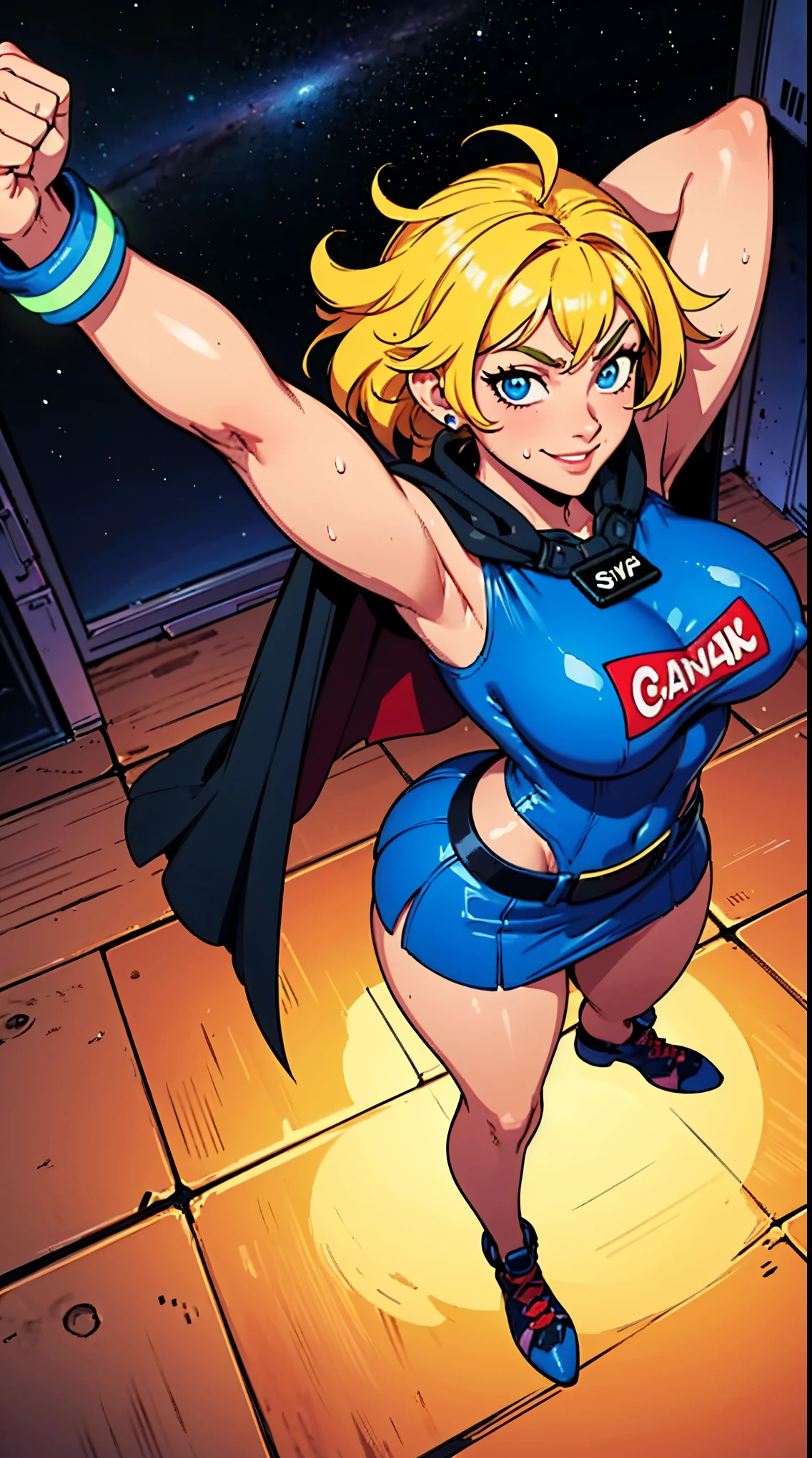 Fist, Digital painting of a woman with royal blue and yellow hair, super hero, muscle girl, pose, fist up, ((from above)), 1knee up, Behance Contest Winner, Afrofuturism, Synthwave, neon, glowing neon, sagging massive breasts, mini skirt, cape, sweat, glossy silky skin, smile, in space,