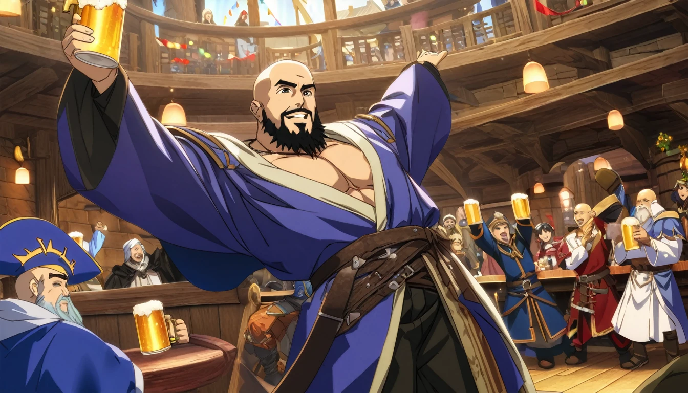 (Anime Infinite Stratus Art, 8k, ultra full high definition, epic quality, epic texture). The theme is a party in the tavern. The setting is a medieval RPG style tavern, it is extremely detailed, it is full of men and women of different RPG classes (knights, monks, pirates, archers, and others), (((everyone is celebrating and drinking beer))) . The focus is a man, his name is Gozamell, he is 31 years old, he is a wizard, he is short in stature, he is bald, he has brown eyes, he has a long black beard, white skin, muscular, wide chest, wide hips, he he wears a blue pointy wizard hat, he wears a blue wizard robe and blue wizard pants, he is drinking beer, he has drunken features and is very happy, he is celebrating with the people in the scene, everyone likes him a lot, full body. The atmosphere is happy, celebratory and a lot of fun.