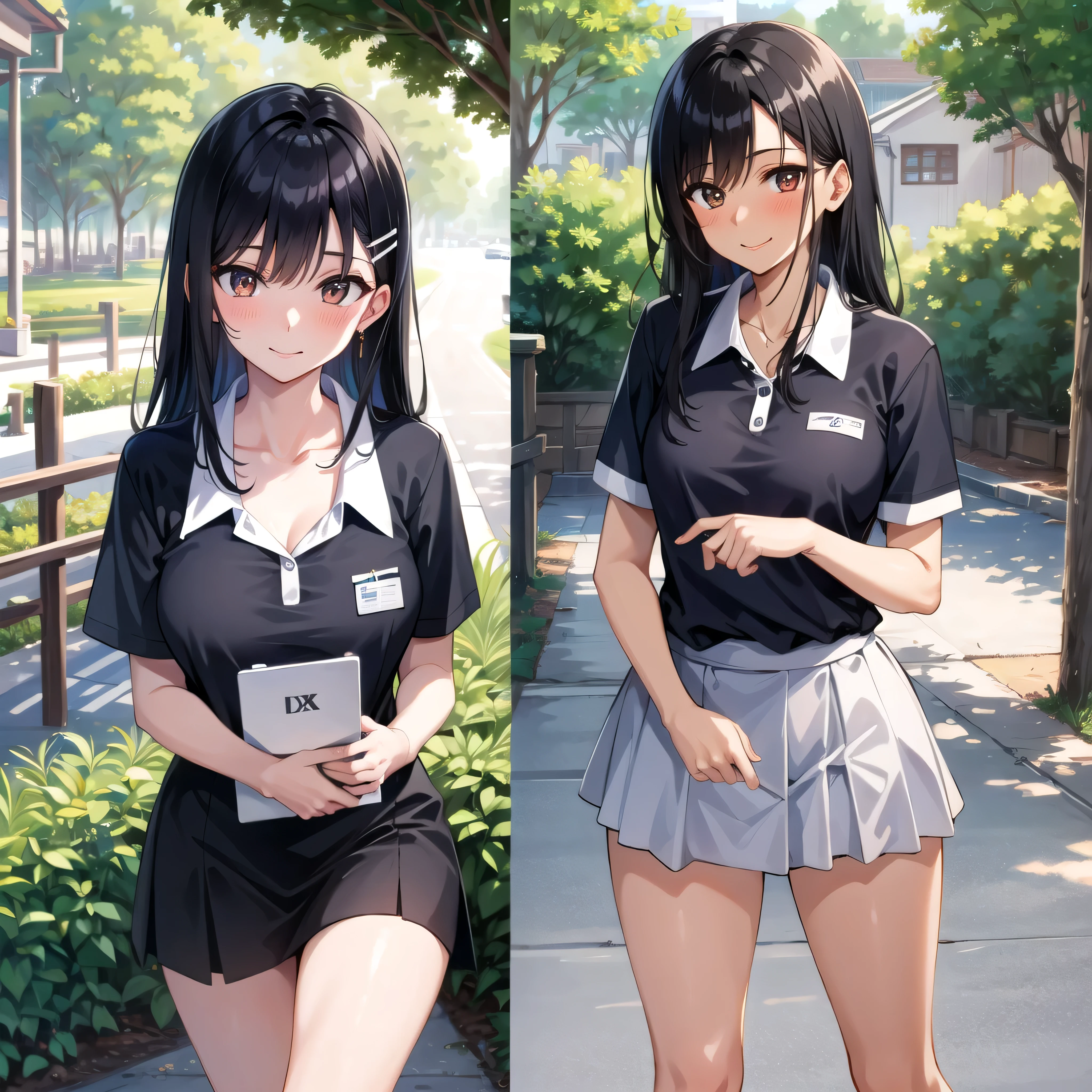 ((best quality)), ((masterpiece)), (details), one girl, sexy ((best quality)), ((masterpiece)), (details), one girl, sexy ((best quality)), ((masterpiece)), (details), one girl, full body, sexy expensive body, expensive, long legs, mature woman, mature, adult, it_nagatoro_main, Hayase Nagatoro, one girl, blushing, alone, uniform polo shirt, short sleeves, black hair,brown eyes, hair accessory, looking at viewer, hair clip, smiling, long hair, dark skinned woman, dark skin, , bangs, daytime, skirt, collared shirt, collarbone, ear clip, mouth closed, tree, asymmetrical bangs, upper body