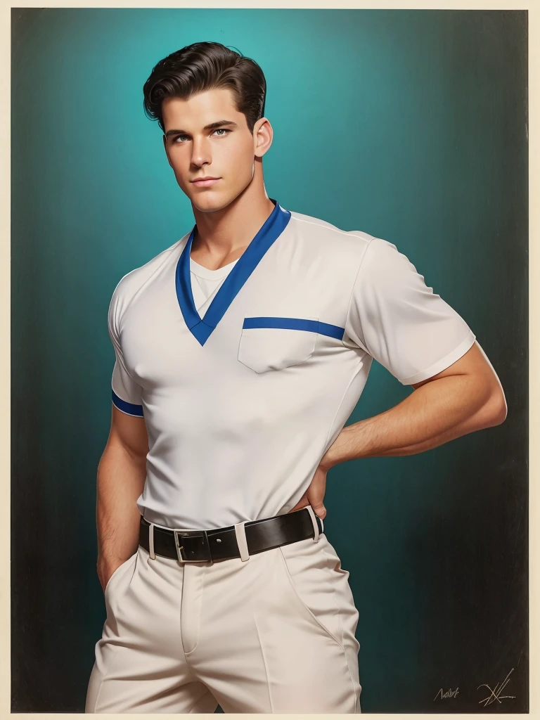  illustration in Leyendecker style : his name was Mike the local state trooper assigned to this rural town by the central state police bureaucracy . At 6'1' of solid built muscle tampering into a 32 inch V waist poured into a pair of uniform blues that displayed his bubble butt he was impressive! When he came up to the bar all I could see was that dark black hair and green eyes. Yep he was a stunning looking hot stud alright, just as I remembered him from high school! I was a geeky computer wiz who idolized the school quarterback.