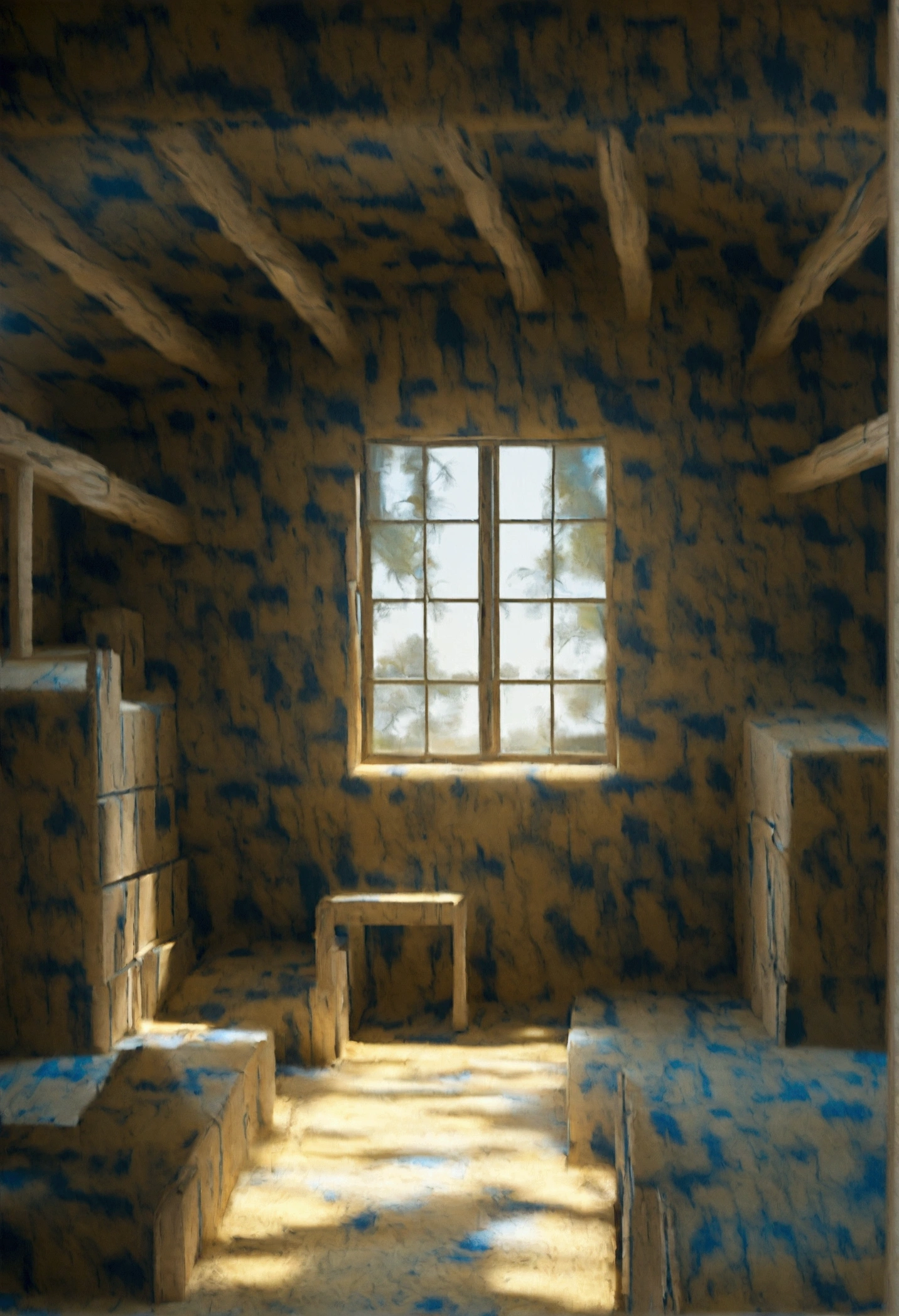 Create a hyperrealistic depiction of an old, abandoned attic that exudes an unsettling and eerie atmosphere. The attic should feature:
- **Structure:** Exposed wooden beams and rafters, aged and worn with time. The walls and floor should show signs of neglect, with peeling paint and accumulated dust.
- **Lighting:** A vintage chandelier hanging from the ceiling, providing the only source of light. The chandelier should cast a dim, eerie glow that creates deep, dramatic shadows, emphasizing the creepy ambiance. The light should be soft and uneven, with some areas in complete darkness and others subtly illuminated.
- **Details:** Include old, forgotten furniture such as an antique rocking chair, a moth-eaten armchair, and several wooden crates and trunks. Scattered relics like dusty books, broken toys, and cobweb-covered picture frames should be visible.
- **Atmosphere:** The overall feel should be one of suspense and unease. The lighting from the chandelier should highlight the dust particles in the air and the cobwebs in the corners, enhancing the hyperrealistic effect.
**Keywords:** Hyperrealistic, creepy attic, eerie lighting, vintage chandelier, abandoned, cobwebs, dust, shadows, suspense.