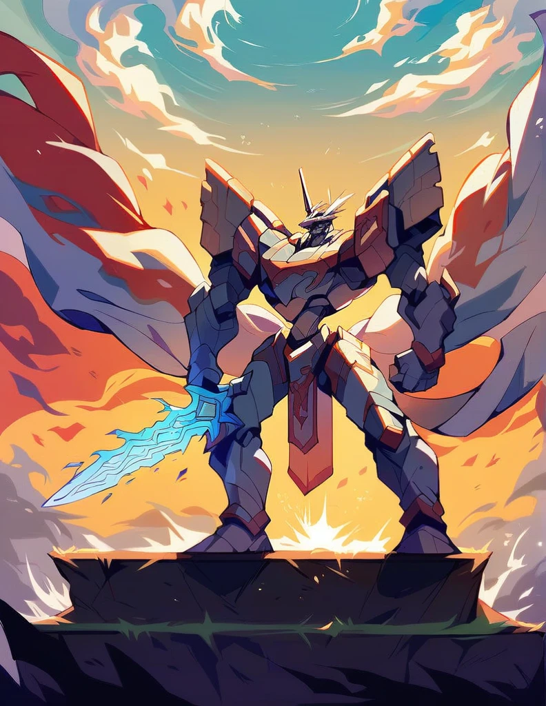 Full body image of King Arthur's personal mech named Excalibur, Excalibur if it were a giant robot, Mecha, Regal Knight aesthetic, white and gold armor with a Scarlett cape billowing in the wind, standing on a cliffside overlooking a fantasy version of Camelot, sunrise in the background, stunning visuals

Holding an energy sword