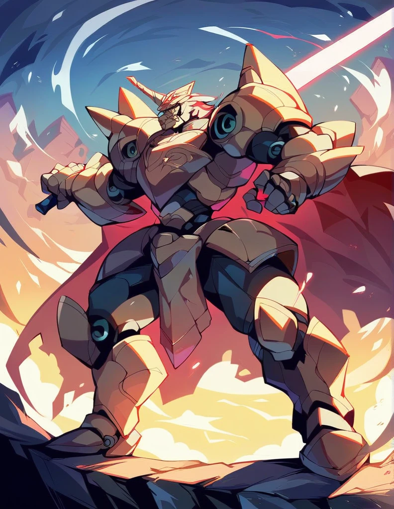 Full body image of King Arthur's personal mech named Excalibur, Excalibur if it were a giant robot, Mecha, Regal Knight aesthetic, white and gold armor with a Scarlett cape billowing in the wind, standing on a cliffside overlooking a fantasy version of Camelot, sunrise in the background, stunning visuals

Holding an energy sword