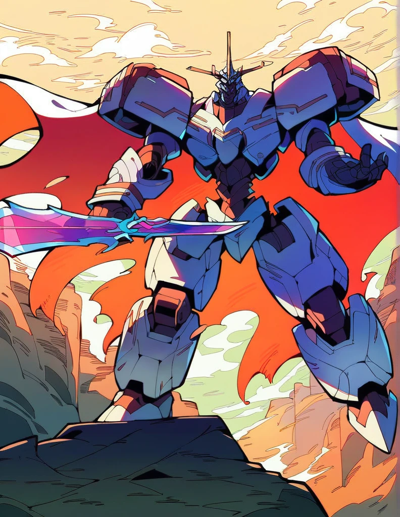 Full body image of King Arthur's personal mech named Excalibur, Excalibur if it were a giant robot, Mecha, Regal Knight aesthetic, white and gold armor with a Scarlett cape billowing in the wind, standing on a cliffside overlooking a fantasy version of Camelot, sunrise in the background, stunning visuals

Holding an energy sword