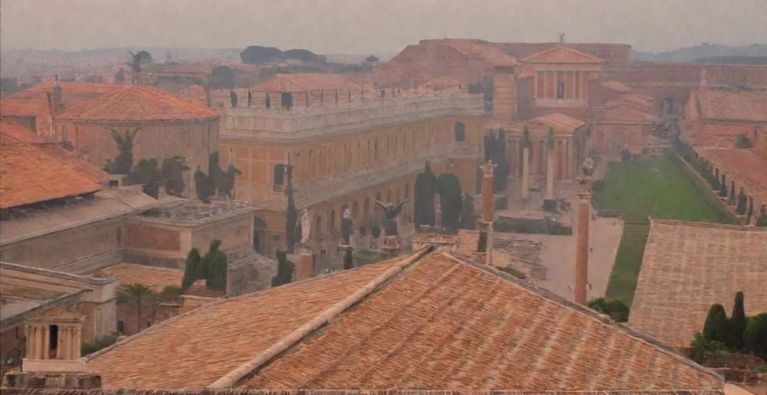 arafed view of a city with a lot of buildings and a clock tower, roman city, rome, ancient rome, rome in background, eternal city, roma, roman monuments, ancient roman setting, rome backdrop, roman historic works, market in ancient rome, old roman style, colosseo, city ruins in the background, ancient roman style, view from slightly above