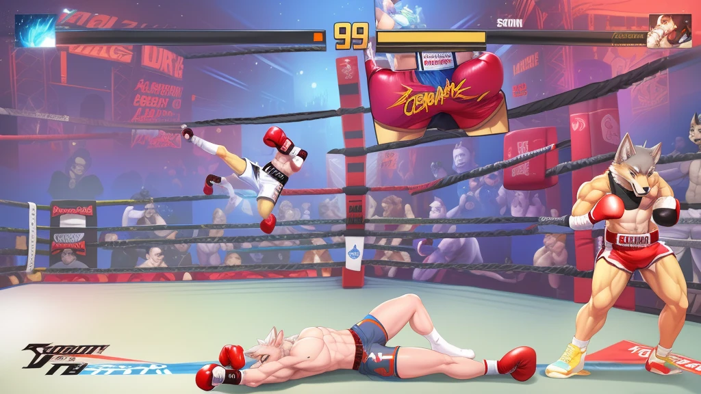 a detailed picture of a boxing match (male anthros, two boy), slim body, slim features, in a boxing ring, Ross Tran, ruan jia, trending on artstation, foxovh,User Interface of Fighting game, Crisis, assorted poses, assorted expression, full body, sound effects, motion blur, from side, ((yellow wolf, blue shorts, knocked out on the floor)), (((gray wolf, white shorts, boxing pose))) “VS” 