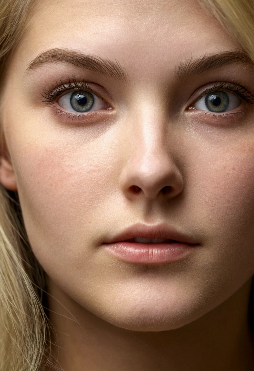 blond woman sitting at a table,19-year-old girl, remarkable detailed pupils, realistic dull skin noise, skin fuzz, dry skin, (goosebumps:0.5),facial skin fuzz,Ultra High Definition Face, Ultra High Definition Eyes, Ultra High Definition Skin, detailed skin pores, complex eye details, Not perfect skin, intricate hair, real detailed skin texture