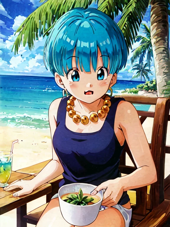 ((extremely detailed CG unity 4k wallpaper)),(masterpiece),(ultra quality),(ultra-detailed),(best illustration),(best shadow),(Extremely Detailed),(absurdres),(detailed background), Bulma, 1girl, solo, blue hair, blue eyes, jewelry, earrings, eyewear on head, sunglasses, lipstick, makeup, short hair, tree, tropical drink, bulma, drinking straw, flower, palm tree, drink, chair, food, necklace, smile, cup, fruit